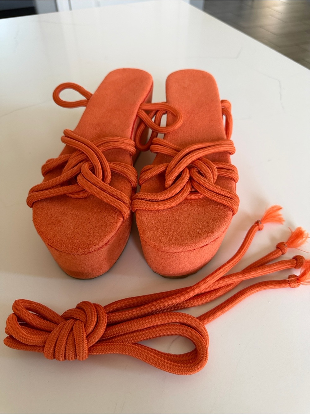 Women’s Orange Knotted Platform Sandals with Wrap Laces - Picture 2 of 10